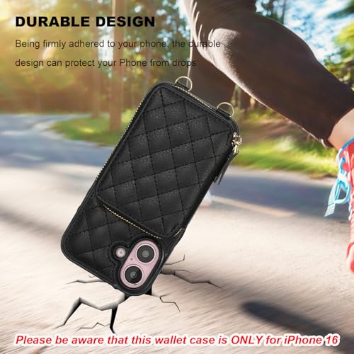 Bocasal Crossbody Wallet Case Card Holder for iPhone 16, Black | RFID Blocking PU Leather Zipper Handbag Purse, Kickstand Flip Folio Case with Card Slots Holder Wrist Strap Lanyard 6.1 Inch - color: Black