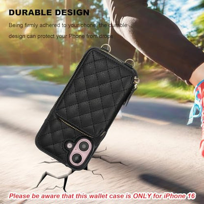 Bocasal Crossbody Wallet Case Card Holder for iPhone 16, Black | RFID Blocking PU Leather Zipper Handbag Purse, Kickstand Flip Folio Case with Card Slots Holder Wrist Strap Lanyard 6.1 Inch - color: Black