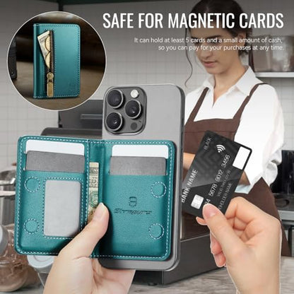 Strapurs Magnetic Card Holder Compatible with MagSafe Phones and Cases, PU Leather Phone Wallet for iPhone 17/16/15/14/13/12/Pro/Max/Plus/Air, 4 Card Slots RFID Blocking with Zipper Pocket,Bluegreen - color: Blue Green