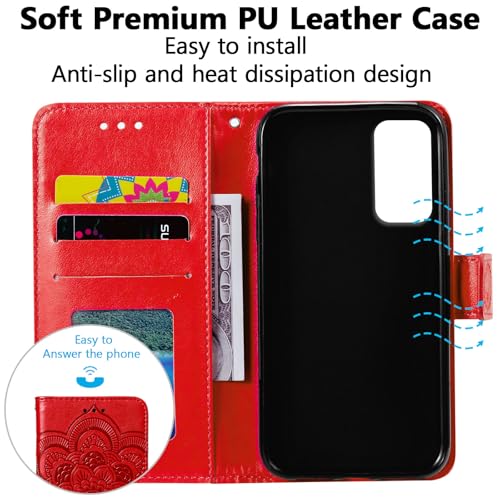 EYZUTAK Case for Samsung Galaxy A16 4G/5G, Premium Leather Magnetic Closure Flip Wallet Phone Case with Card Holder Cash Slot Stand Function Embossed Mandala Flower Slim Shockproof Lanyard Cover - Red - color: Red, size: Samsung Galaxy A16 4G/5G
