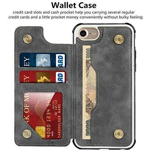 iCoverCase Compatible with iPhone SE(2022)/SE(2020)/7/8/6/6s Wallet Case with Card Slots Holder and Wrist Strap Premium PU Leather Kickstand Magnetic Clasp Shockproof Flip Cover Case (Gray) - color: Gray