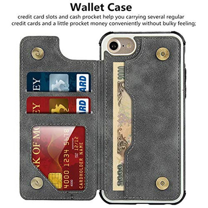 iCoverCase Compatible with iPhone SE(2022)/SE(2020)/7/8/6/6s Wallet Case with Card Slots Holder and Wrist Strap Premium PU Leather Kickstand Magnetic Clasp Shockproof Flip Cover Case (Gray) - color: Gray