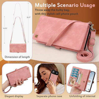 for Wallet Case Compatible with iPhone 17 Air,Multi-Function Detachable 2 in 1 Magnetic iPhone 17 Air Case Wallet,Flip Strap Zipper Card Holder Phone Case with Shoulder Straps (Pink) - color: Pink, size: iPhone 17Air