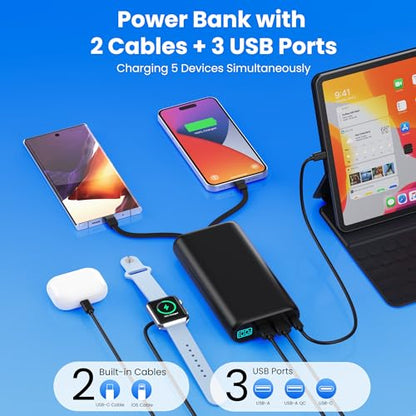 Portable Charger 40,800mAh Power Bank with Built-in Cables,5 USB Output Battery Pack Backup,25W PD USB C Phone Charging Travel Essential Outdoor for iPhone 17/16/15/14 Pro,Android Galaxy Pixel Nexus
