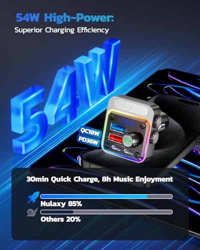 Nulaxy 54W Bluetooth 5.3 Car Adapter, FM Transmitter 4-Port Fast Charging - color: Silver