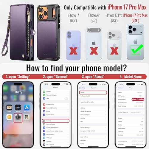 Defencase for iPhone 17 Pro Max Case Wallet Compatible with Magsafe, Purple | Drop-Proof Magnetic Detachable Phone Cases Cover, with RFID Bolcking Card Holder, Zipper Strap, PU Leather, Removable Wallet - color: (Detachable with Magsafe)-Purple