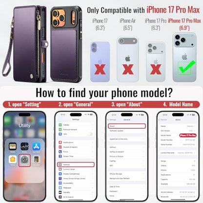 Defencase for iPhone 17 Pro Max Case Wallet Compatible with Magsafe, Purple | Drop-Proof Magnetic Detachable Phone Cases Cover, with RFID Bolcking Card Holder, Zipper Strap, PU Leather, Removable Wallet - color: (Detachable with Magsafe)-Purple