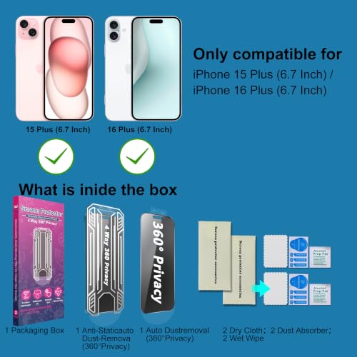[2 Pack 4 Way Privacy Screen Protector for iPhone 15 Plus/iPhone 16 Plus, Anti-Spy Tempered Glass, 9H Hardness Shatterproof, 3D Curved Edges, Case-Friendly, Bubble-Free Easy Installation - size: for 16 Plus / 15 Plus