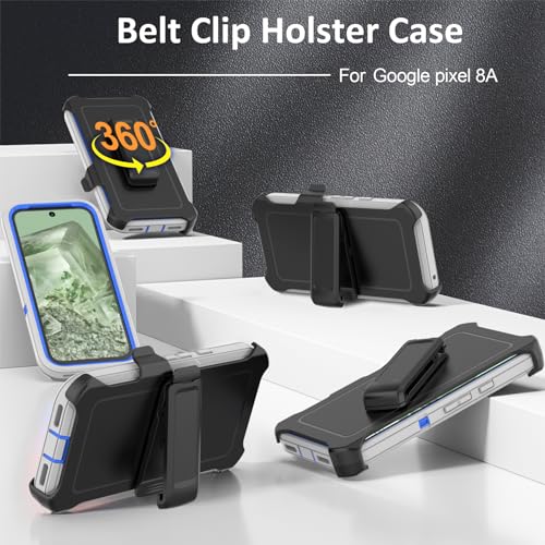 Compatible with Google Pixel 8A Case, with Belt Clip Holster Heavy Duty Rugged Shockproof Full Body Protection Kickstand Phone case for Google Pixel 8A 5G (Grey+Blue) - color: Grey+Blue