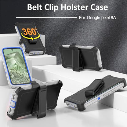 Compatible with Google Pixel 8A Case, with Belt Clip Holster Heavy Duty Rugged Shockproof Full Body Protection Kickstand Phone case for Google Pixel 8A 5G (Grey+Blue) - color: Grey+Blue