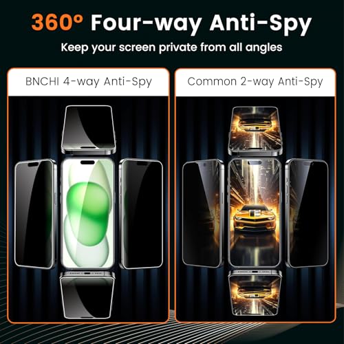 2 Pack 4 Way 360° Privacy Screen Protector for iPhone 15/iPhone 16, Horizontal and Vertical All Around Anti-Spy 9H Tempered Glass Film, Scratch Resistant, Zero Bubbles, Face ID Sensitive - size: iPhone 15/iPhone 16
