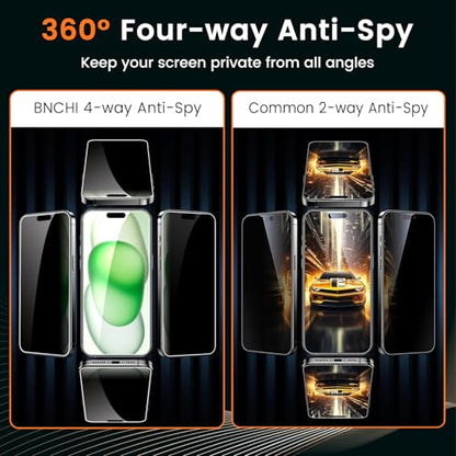 2 Pack 4 Way 360° Privacy Screen Protector for iPhone 15/iPhone 16, Horizontal and Vertical All Around Anti-Spy 9H Tempered Glass Film, Scratch Resistant, Zero Bubbles, Face ID Sensitive - size: iPhone 15/iPhone 16