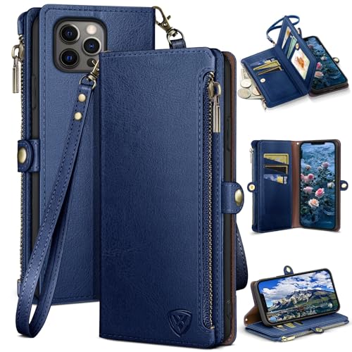 XcaseBar for iPhone 13 Pro 6.1" Wallet case with Zipper Credit Card Holder【RFID Blocking】, Flip Folio Book PU Leather Phone case Shockproof Cover Women Men for Apple 13 Pro case Blue - color: Blue