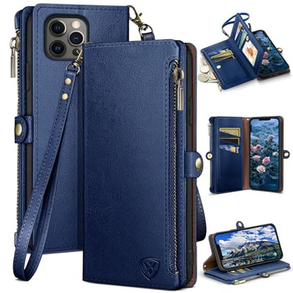 XcaseBar for iPhone 13 Pro 6.1" Wallet case with Zipper Credit Card Holder【RFID Blocking】, Flip Folio Book PU Leather Phone case Shockproof Cover Women Men for Apple 13 Pro case Blue - color: Blue
