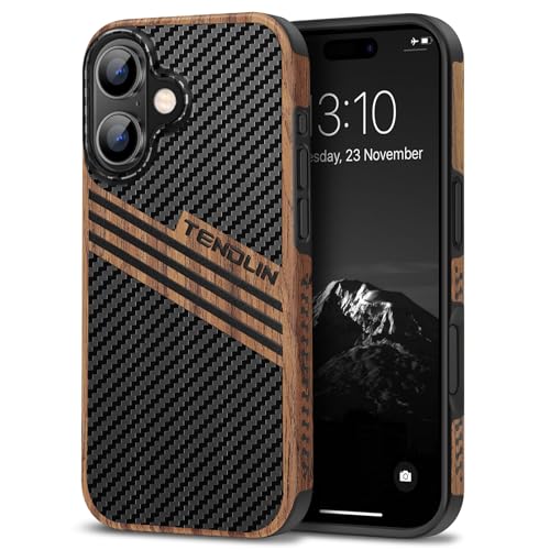 TENDLIN Compatible with iPhone 16 Phone Case Wood Grain with Carbon Fiber Texture Design Leather Hybrid Slim Case (Three Stripe) - color: Three Stripe, size: iPhone 16