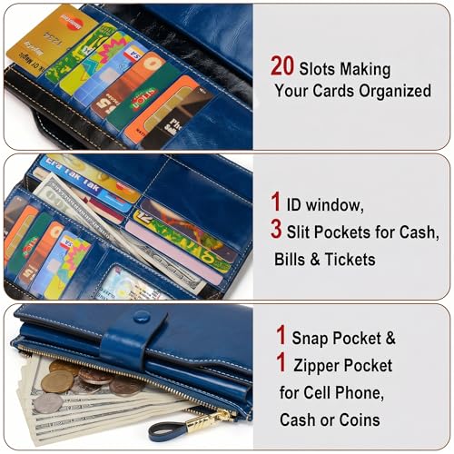 YALUXE Women's Real Leather Wallet RFID Protect 21 Card Slots Phone Pocket - color: 4- Waxed Blue, size: Genuine Leather