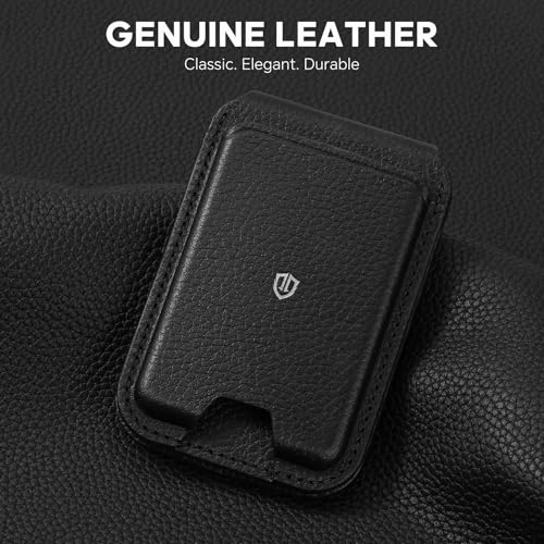 SHIELDON Genuine Leather Magnetic Wallet Stand for MagSafe, Pebbled Black | Strong Magnetic, 6 Card Holders, Kickstand, Rfid Blocking, Quick-access, ID Window, for iPhone 17/16/15/14/13/12 Series - color: Pebbled Black