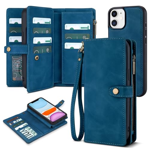 TwoHead for iPhone 11 Wallet case with 11 Card Holder (Navy Blue) | Detachable Magnetic Phone Case, PU Leather Wallet for Women/Men,Wireless Charging Compatible,with Wrist Strap - color: Navy Blue