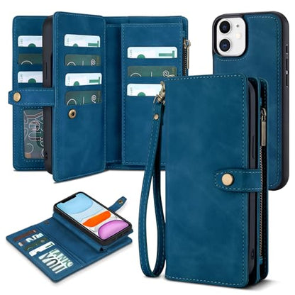 TwoHead for iPhone 11 Wallet case with 11 Card Holder (Navy Blue) | Detachable Magnetic Phone Case, PU Leather Wallet for Women/Men,Wireless Charging Compatible,with Wrist Strap - color: Navy Blue