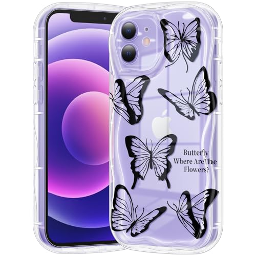 Compatible for iPhone 12 Case, Pretty Butterfly Print Three-Dimensional Wave Clear Case for Girls Women, Soft Full Package Anti-Fall Cover for iPhone 12, Black Butterfly - color: Black Butterfly, size: iPhone 12