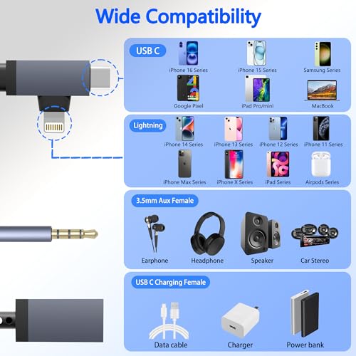 AUX Audio and USB C Charge Cable, 3.5mm Aux Audio Auxiliary Cord with 30W USB-C Charge Port, 2 in 1Aux Cable Charger for iPhone, Car Stereo, Speaker, Headphones