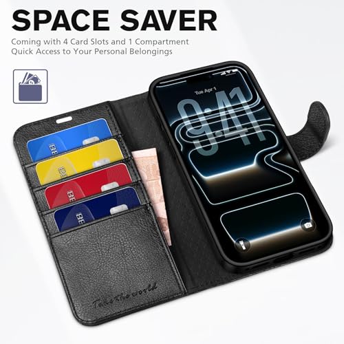 TUCCH Case Wallet for iPhone 17 Pro, RFID Blocking Folio, Textured Black | 4 Card Holders, Kickstand, PU Leather, Magnetic Closure, Shockproof TPU Shell, Protective Flip Cover - color: Textured Black