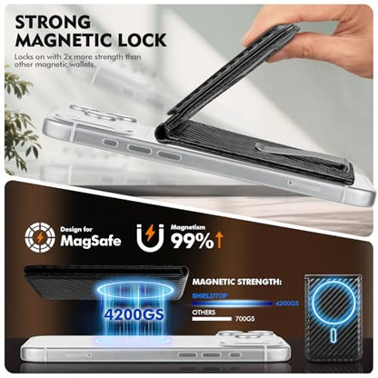 Shieldtop RFID Blocking MagSafe Wallet Stand with Card Holder,5 Card Slots & ID Window,PU Leather Magnetic Adjustable Kickstand for iPhone 12/13/14/15/16/17 Pro Max & Air Plus Series,Carbon Black - color: Carbon Black