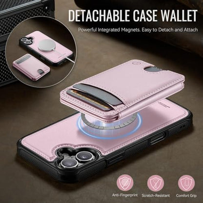 WJX for iPhone 16 Plus MagSafe Wallet Case, 2-in-1 Detachable Luxury Card Holder, Universal MagSafe Compatible, RFID Blocking, Shockproof Kickstand Slim Cover， Strawberry Pink - color: Strawberry Pink, size: iPone 16 Plus