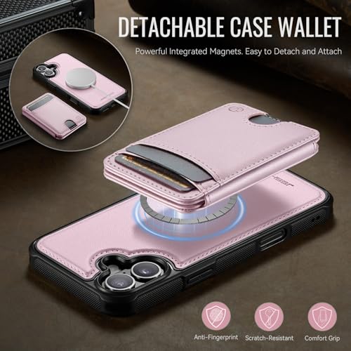 WJX for iPhone 16 Plus MagSafe Wallet Case, 2-in-1 Detachable Luxury Card Holder, Universal MagSafe Compatible, RFID Blocking, Shockproof Kickstand Slim Cover， Strawberry Pink - color: Strawberry Pink, size: iPone 16 Plus