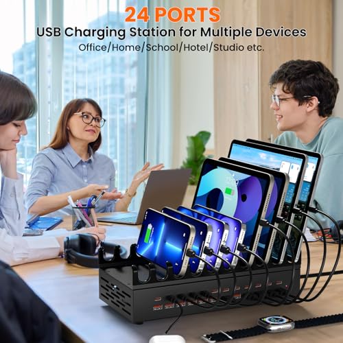 300W USB Charging Station for Multiple Devices - 24 Ports Desktop Multi Fast Charger Station with Device Organizer Stand & Multi Protection, USΒ Power Strip Suitable for Home Office School Studio