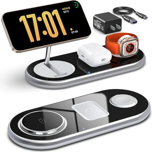 3 in 1 Charging Station for Apple Devices, Faster Mag-Safe Charger Stand, Magnetic Wireless Charger Station for iPhone 17 16 15 14 13 12 Pro Max Plus, Apple Watch iwacth & AirPods, Adjustable Angle - color: Crystal Silver