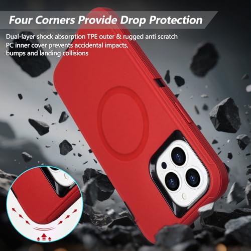 Magnetic for iPhone 13 Pro Max Case with Belt Clip Holster, Black Red | Heavy Duty Military Grade Drop Protection Case for iPhone 13 Pro Max, 6.7", with 360°Rotating Kickstand 6.7" - color: Red+Black