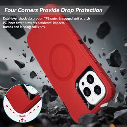 Magnetic for iPhone 13 Pro Max Case with Belt Clip Holster, Black Red | Heavy Duty Military Grade Drop Protection Case for iPhone 13 Pro Max, 6.7", with 360°Rotating Kickstand 6.7" - color: Red+Black