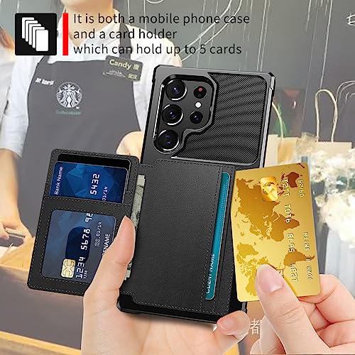for Samsung Galaxy S22 Ultra Case with Card Holder, Compatible with Magnetic Car Mount, Heavy Duty Shockproof Rugged Soft TPU Back Leather Flip Wallet Cover 6.8 inch, Black | Compatible with Magnetic Car Mount, Shockproof Rugged Soft TPU Hard Back Leather
