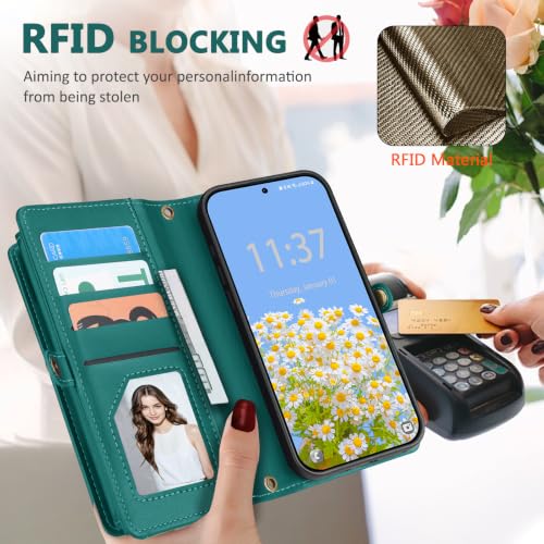 for Samsumg Galaxy S25 Wallet Case, Detachable Magnetic Shockproof Phone Case,Faux Leather Crossbody Wallet,with RFID Blocking，Zipper Card Holder，Shoulder Strap (Green) - color: Green, size: Samsumg Galaxy S25