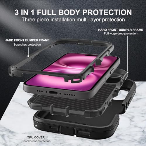 YKHJKLEC for iPhone 16 Plus Case, Military Grade 3 in 1 Heavy Duty Shockproof/Drop Proof/Dust Proof Case with 2Pcs Tempered Glass Screen Protector (Black/Black) - color: Black/Black