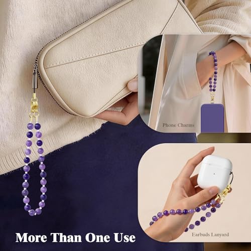 SURPHY Natural Stone Phone Charm, Beaded Phone Wrist Strap with Tether Tab - color: Amethyst