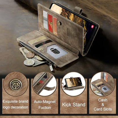 Samsung Galaxy S24 5G Wallet Case with Card Holder Kickstand Magnetic Zipper Pocket Lanyard Strap Wristlet,Leather Flip Case Wallet for Samsung Galaxy S24 5G 6.2 Inch(Brown) - color: Brown, size: S24 5G 6.2 Inch