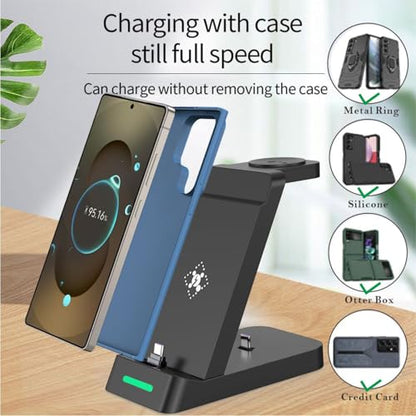 3 in 1 Fast Charging Station for Samsung Galaxy Phones Watch Earbuds Charger, Fast Android Charger Stand Dock for Samsung Galaxy S25/S24/S23/S22/21/20/Note20/10 Galaxy Watch Ultra 8/7/6/5/4 (Black) - color: Black