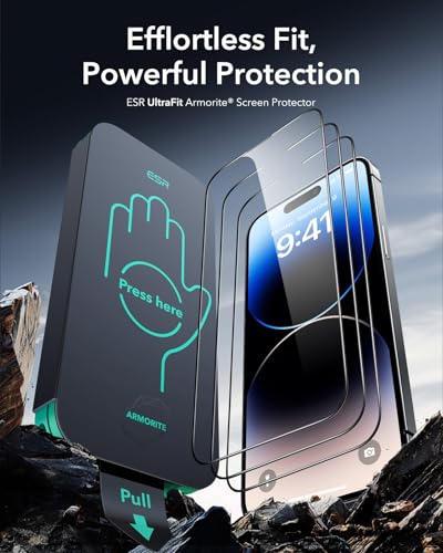ESR 3 Pack for iPhone 14 Pro Screen Protector, Armorite | 7X Impact Absorption, 9H+ Tempered Glass, Easy One-Pull Installation, Full-Coverage Protection, UltraFit Tray, Bubble-Free - size: iPhone 14 Pro 6.1 inch