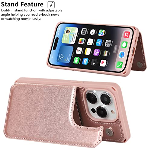 iCoverCase Compatible with iPhone 14 Pro Wallet Phone Case with Card Holder for Women, RFID Blocking Embossed PU Leather Wrist Strap Case 6.1 Inch (Macaron Rose Gold) - color: P-Rose Gold