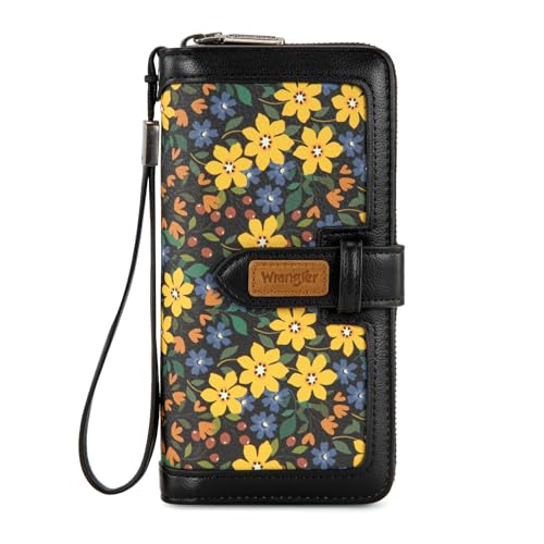 X Wrangler Women's Wallets Bifold Wristlet Wallets for Women Large Capacity Credit Card Wallet with ID Window - color: Floral-black