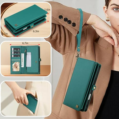 for Wallet Case Compatible with iPhone 17,Multi-Function Detachable 2 in 1 Magnetic iPhone 17 Case Wallet,Flip Strap Zipper Card Holder Phone Case with Shoulder Straps (Green) - color: Green, size: iPhone 17