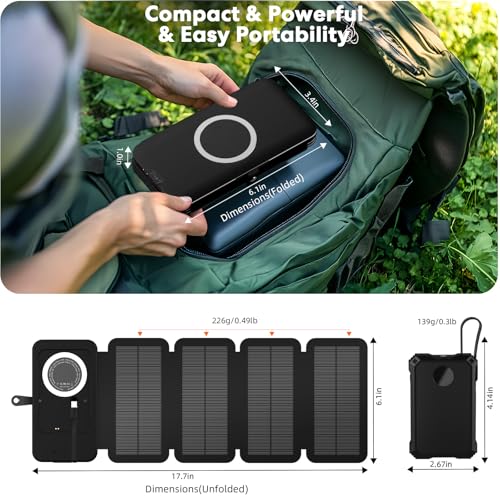 YELOMIN Solar Charger Power Bank 5000mAh with 4 Foldable Panels & 2 Built-in Cables, Wireless Portable Charger, Outdoor External Battery Pack with USB-C in/Output & SOS Flashlight for Camping Hiking
