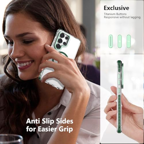 Nvollnoe for Samsung S25 Ultra Case Compatible with MagSafe Military Grade Shockproof Heavy Duty Protective Adjustable Kickstand Ultra Clear Magnetic Phone Case for Samsung S25 Ultra(Green) - color: Clear-Green