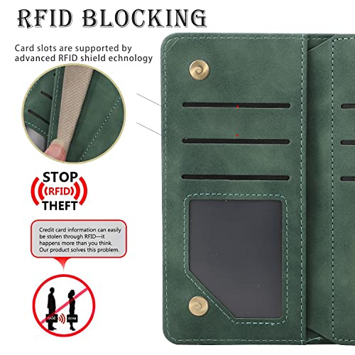 RANYOK Wallet Case Compatible with iPhone 13/14 (6.1 inch), Premium PU Leather Zipper Folio Wallet RFID Blocking with Wrist Strap Magnetic Closure Built-in Kickstand Protective Case (Black Green) - color: Black Green