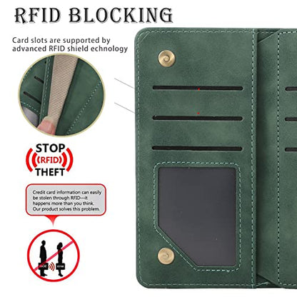 RANYOK Wallet Case Compatible with iPhone 13/14 (6.1 inch), Premium PU Leather Zipper Folio Wallet RFID Blocking with Wrist Strap Magnetic Closure Built-in Kickstand Protective Case (Black Green) - color: Black Green