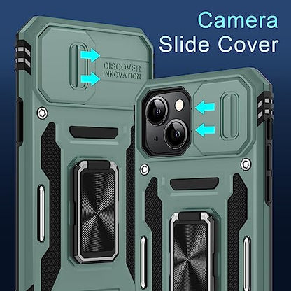 DEERLAMN Case for iPhone 13/iPhone 14 6.1-Inch with Slide Camera Cover+Screen Protector(2 Packs),Rotated Ring Kickstand Military Grade Shockproof Protective Cover-Green - color: Green