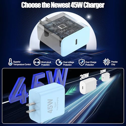 45W USB C Fast Charger for iPhone 17/ Air/16/15 Pro Max - color: Blue, size: 2Pack-10FT-iPhone15-17