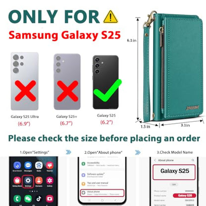 for Samsumg Galaxy S25 Wallet Case, Detachable Magnetic Shockproof Phone Case,Faux Leather Crossbody Wallet,with RFID Blocking，Zipper Card Holder，Shoulder Strap (Green) - color: Green, size: Samsumg Galaxy S25